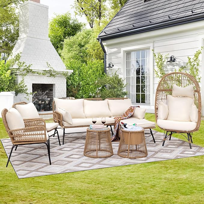 7-piece Boho wicker patio conversion set with egg chair and cream cushions