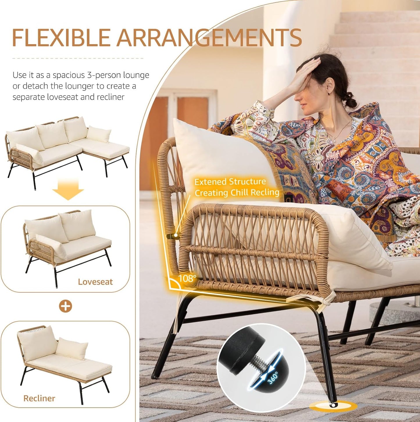 7-piece Boho wicker patio conversion set with egg chair and cream cushions 5