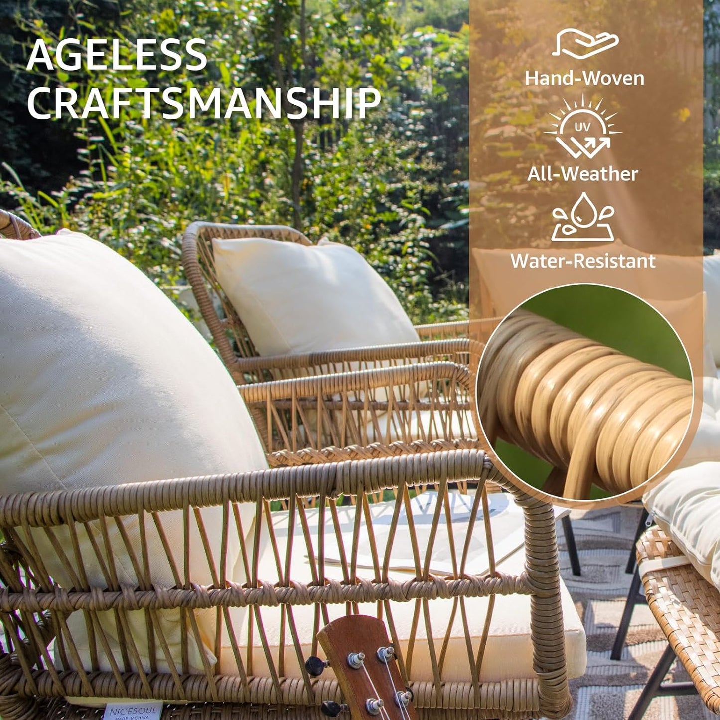 7-piece Boho wicker patio conversion set with egg chair and cream cushions 6