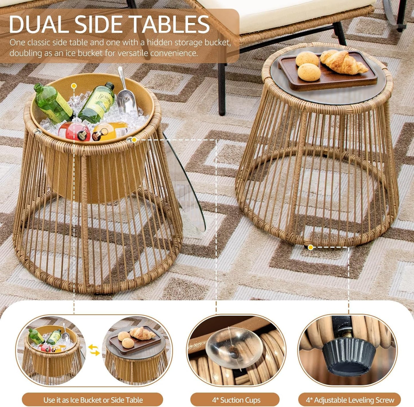 7-piece Boho wicker patio conversion set with egg chair and cream cushions 7