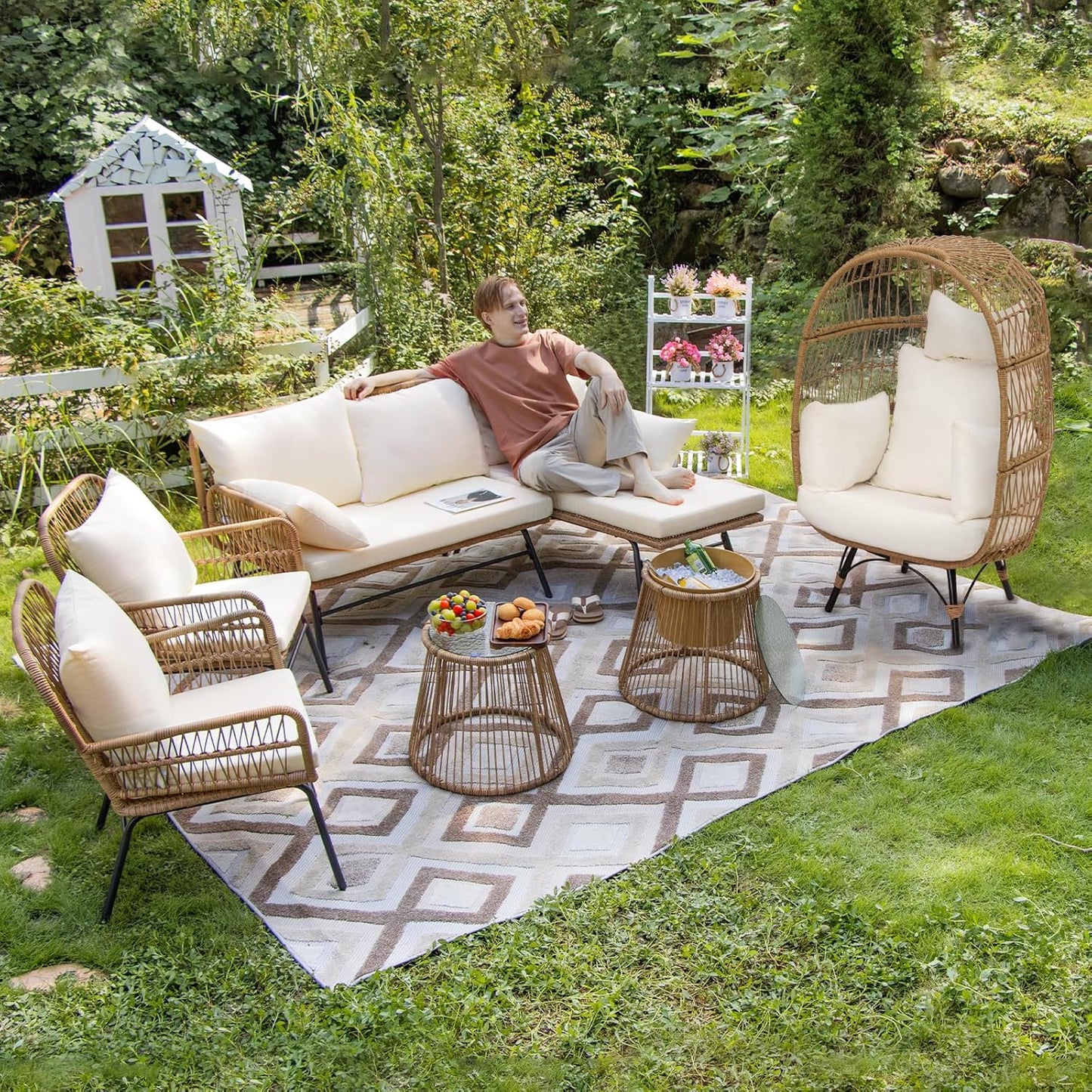 7-piece Boho wicker patio conversion set with egg chair and cream cushions 8