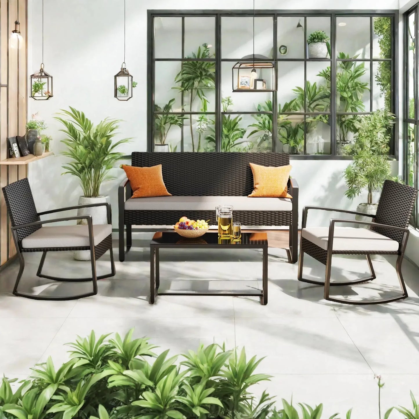 4-Piece Rocking Wicker Patio Set | Outdoor Conversation Furniture with Glass Coffee Table
