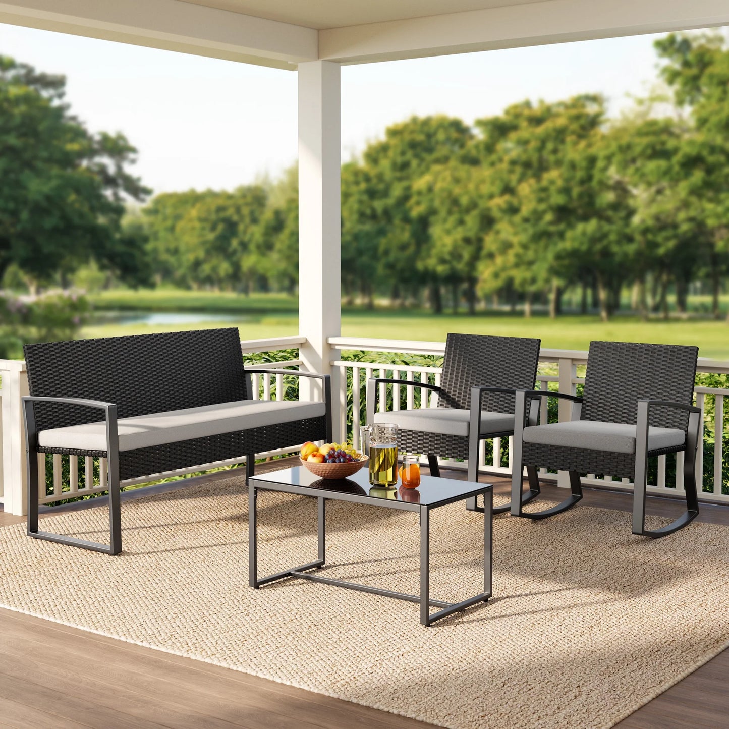 4-Piece Rocking Wicker Patio Set | Outdoor Conversation Furniture with Glass Coffee Table