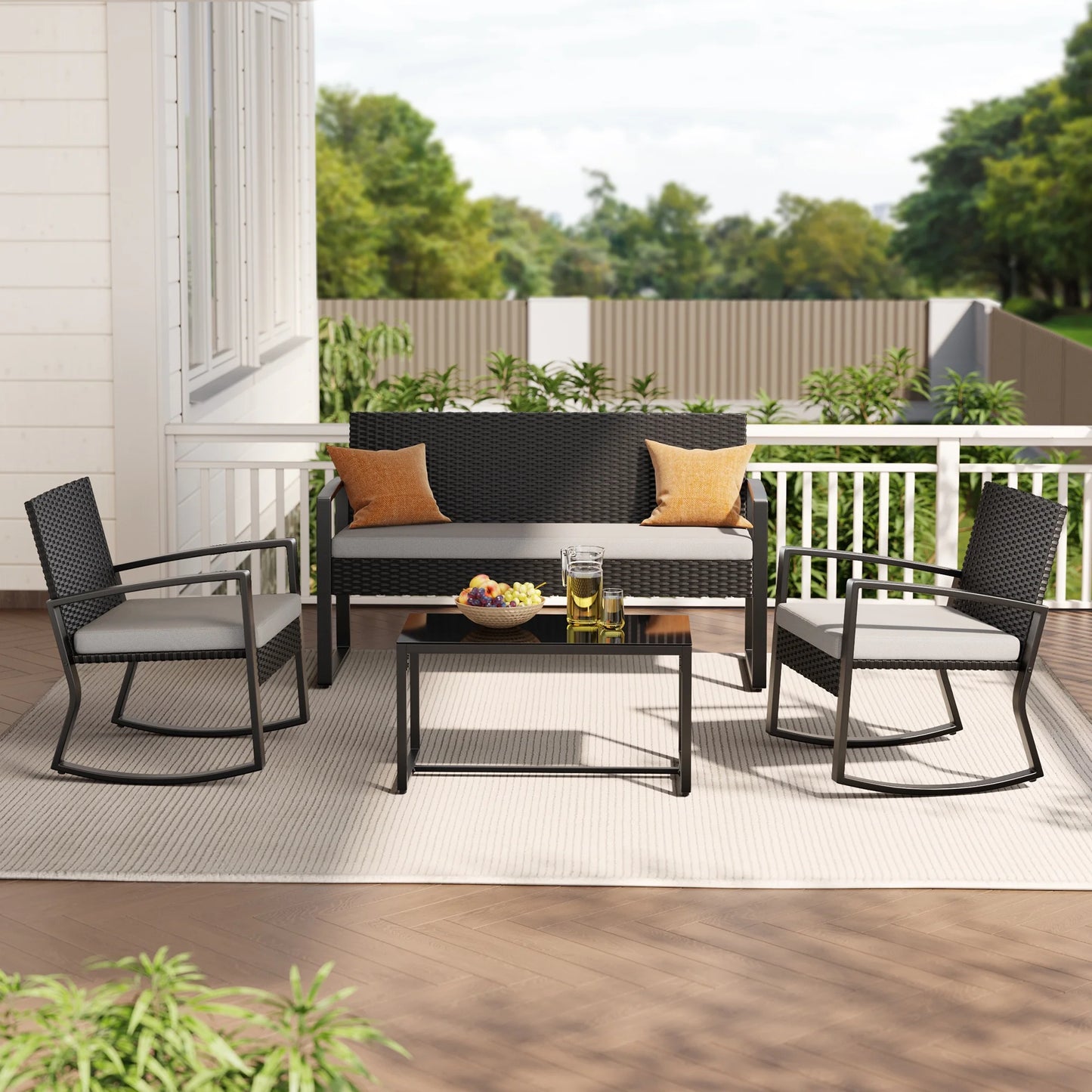 4-Piece Rocking Wicker Patio Set | Outdoor Conversation Furniture with Glass Coffee Table