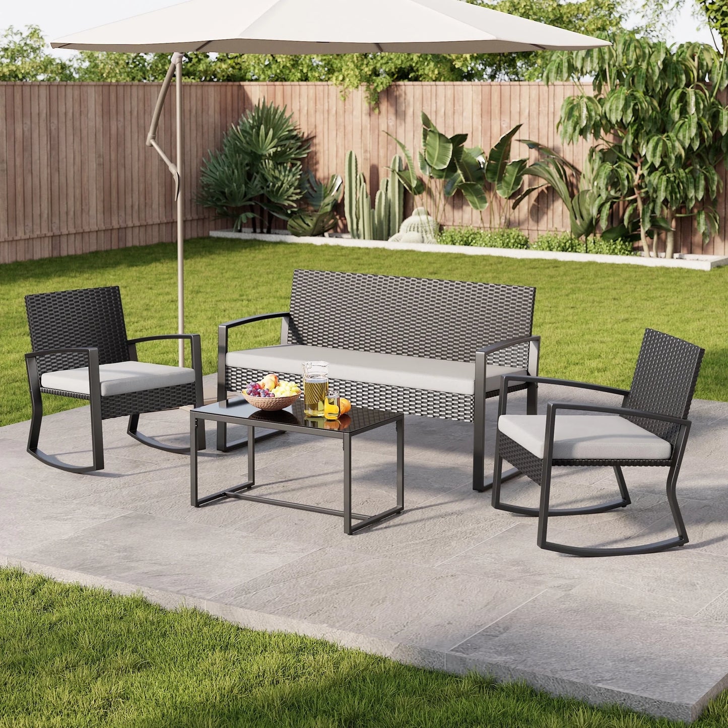 4-Piece Rocking Wicker Patio Set | Outdoor Conversation Furniture with Glass Coffee Table