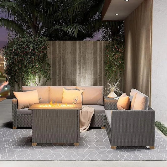Luxury 5-Pc Outdoor Wicker Sectional Sofa Set with Fire Pit Table