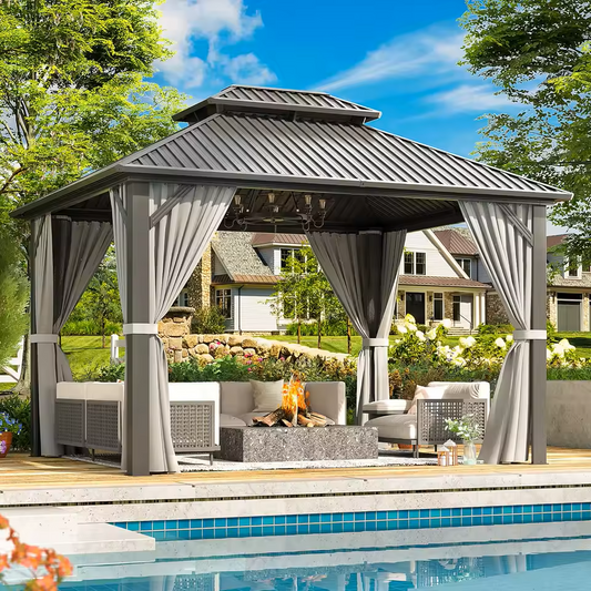 Hardtop Gazebo with Aluminum Frame & Galvanized Steel Double Roof – Outdoor Metal Pavilion with Netting & Curtains for Patio or Garden