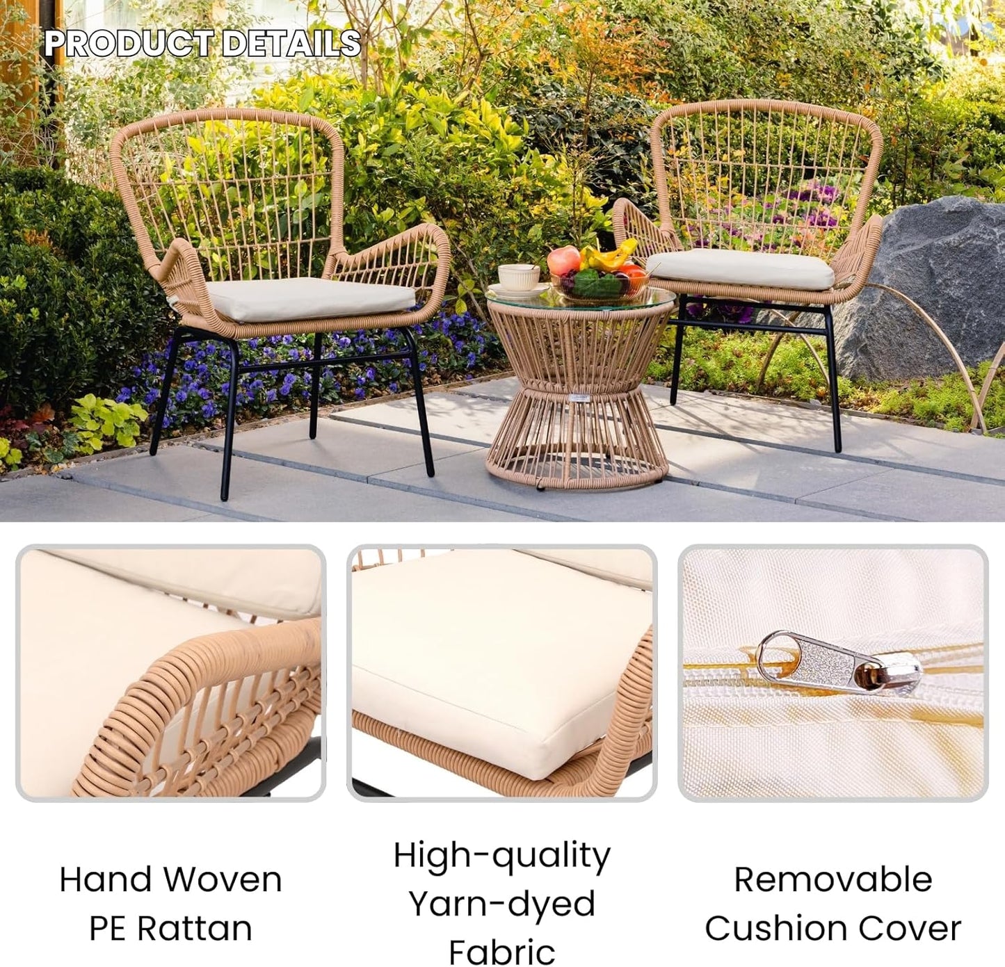 Compact Patio Bistro Set of 3 - All-Weather Patio & Balcony Furniture