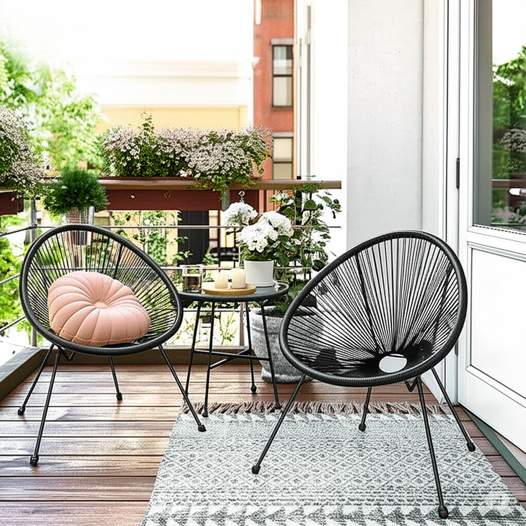 Contemporary outdoor sofa and table set with clean lines, presented in a clear and sharp image, ideal for a chic garden or balcony.