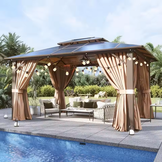 Hardtop Gazebo with Aluminum Frame – Outdoor Permanent Pavilion with Double Polycarbonate Roof, Waterproof LED Lighting, and Weather-Resistant Canopy