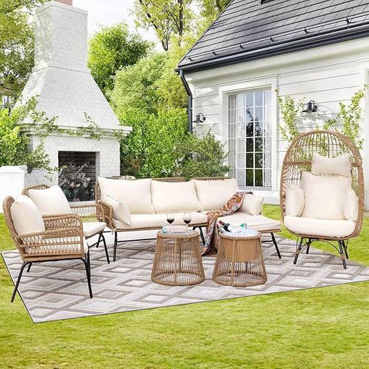 7-piece Boho wicker patio conversion set with egg chair and cream cushions
