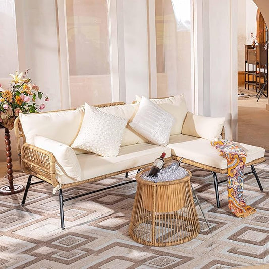 7-piece Boho wicker patio conversion set with egg chair and cream cushions 2