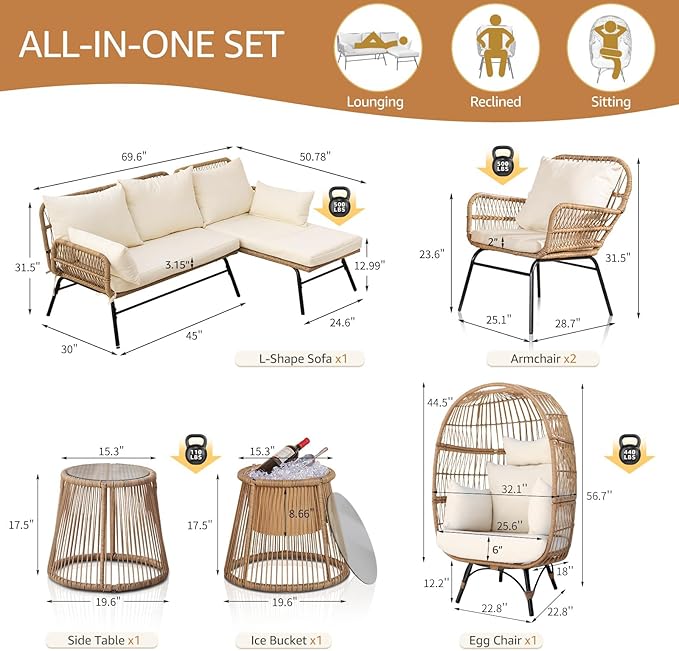 7-piece Boho wicker patio conversion set with egg chair and cream cushions 3