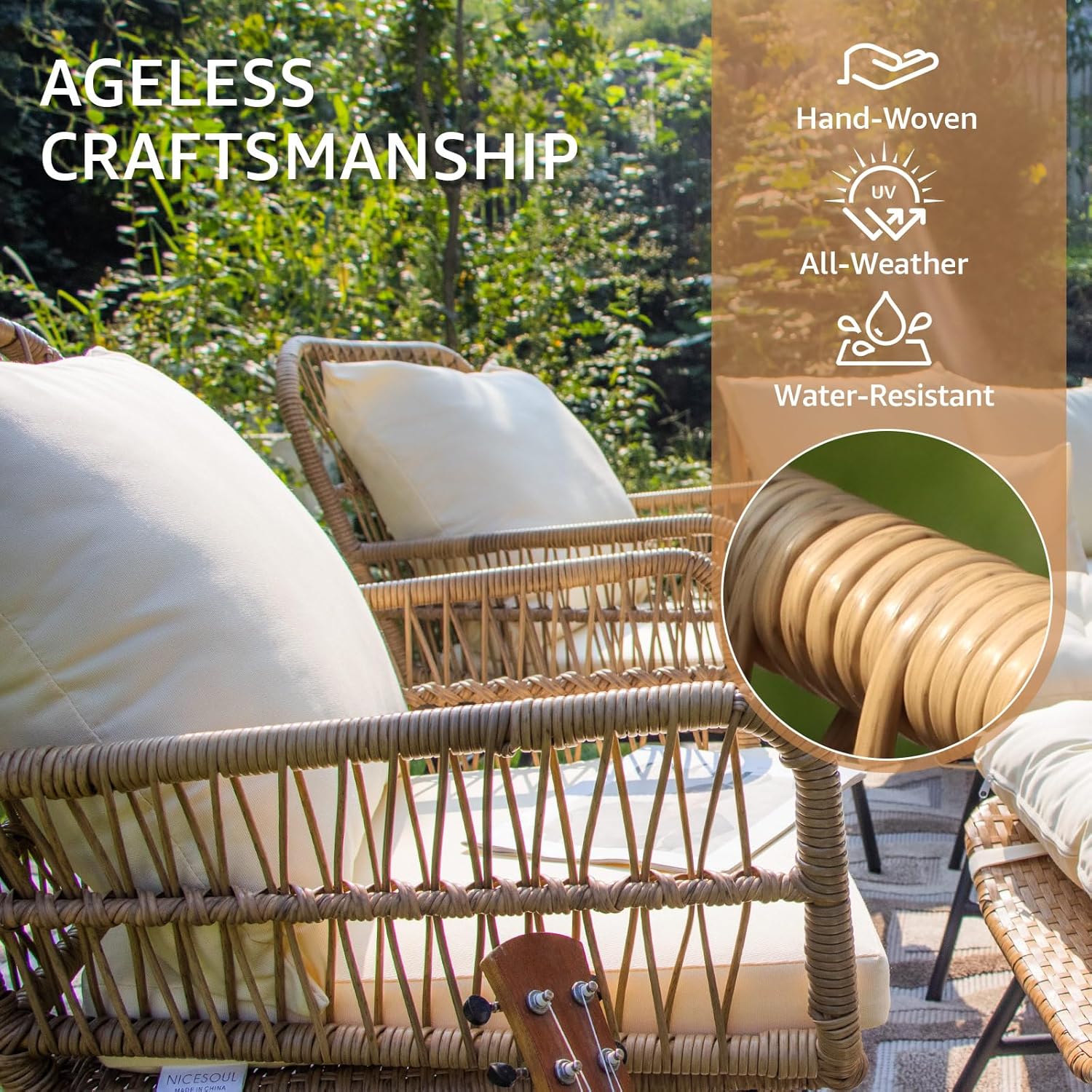 7-piece Boho wicker patio conversion set with egg chair and cream cushions 6