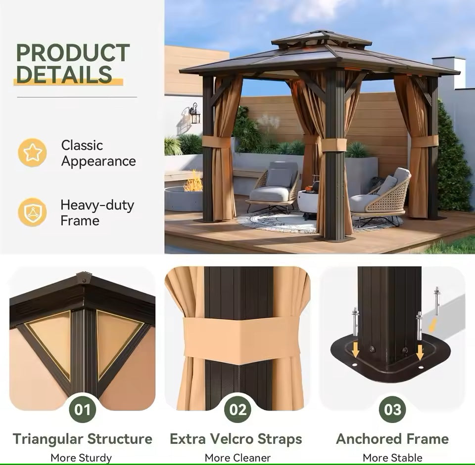Waterproof hardtop gazebo during a light rain, highlighting its durable polypropylene material and weather resistance, keeping the interior dry.