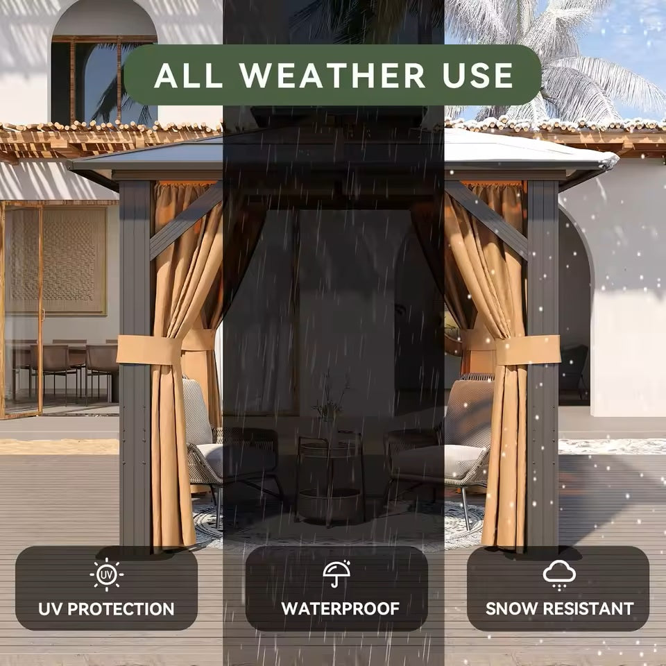 8x8 outdoor gazebo furnished with patio furniture, demonstrating its use as a stylish outdoor dining area or lounge space.