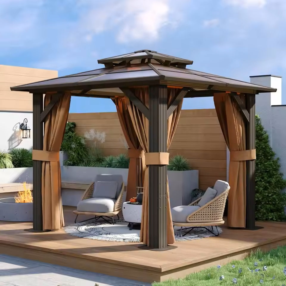 Interior view of the aluminum frame gazebo, showing the mosquito netting deployed and the privacy curtains tied back, perfect for bug-free relaxation.
