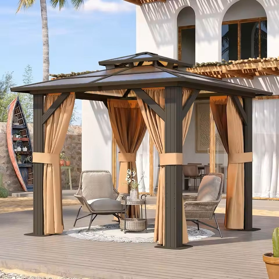 Close-up of the hardtop gazebo with brown privacy curtains fully closed, highlighting its ability to provide a secluded outdoor living space.