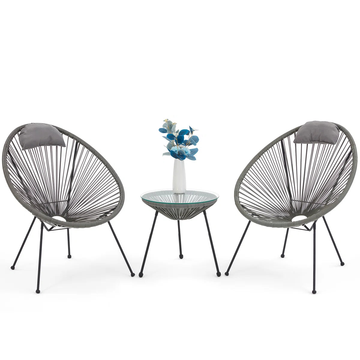 3-Piece Modern Woven PE Rope Bistro Set | Outdoor Patio Chairs & Glass Top Table