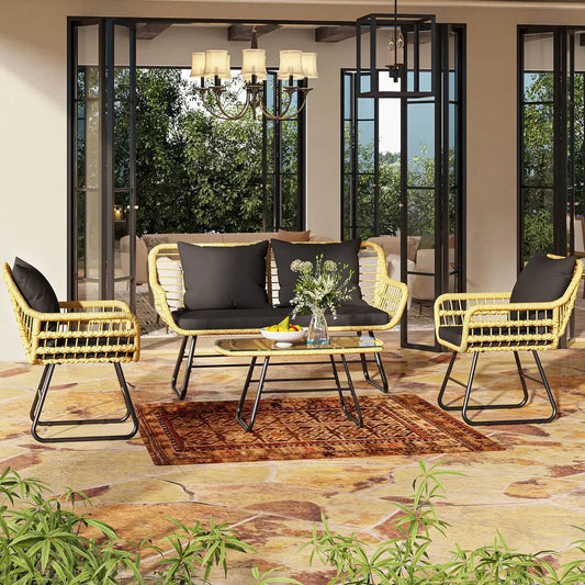 wicker patio set with cushions and coffee table