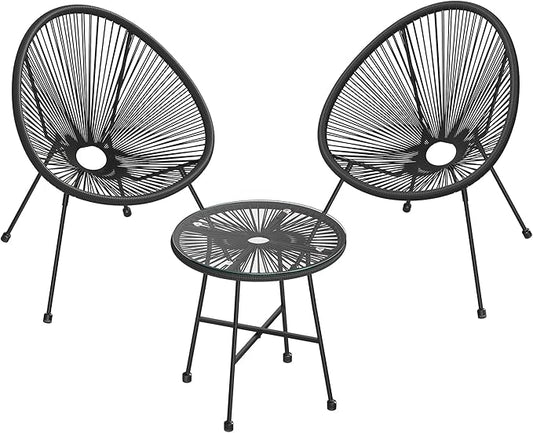 3-Piece Modern Woven PE Rope Bistro Set | Outdoor Patio Chairs & Glass Top Table