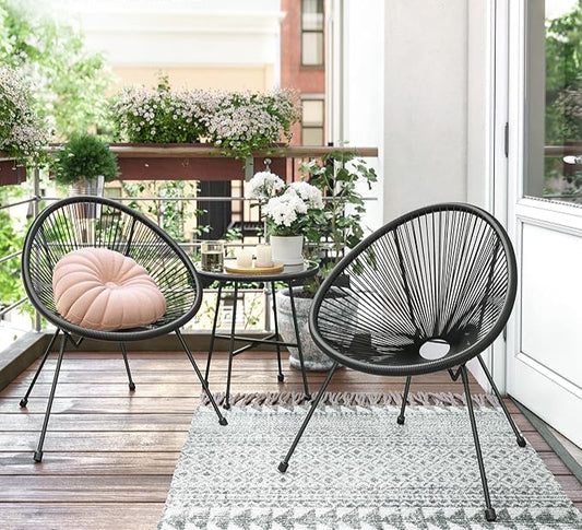 3-Piece Modern Woven PE Rope Bistro Set | Outdoor Patio Chairs & Glass Top Table