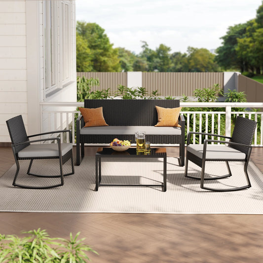 4-Piece Rocking Wicker Patio Set | Outdoor Conversation Furniture with Glass Coffee Table