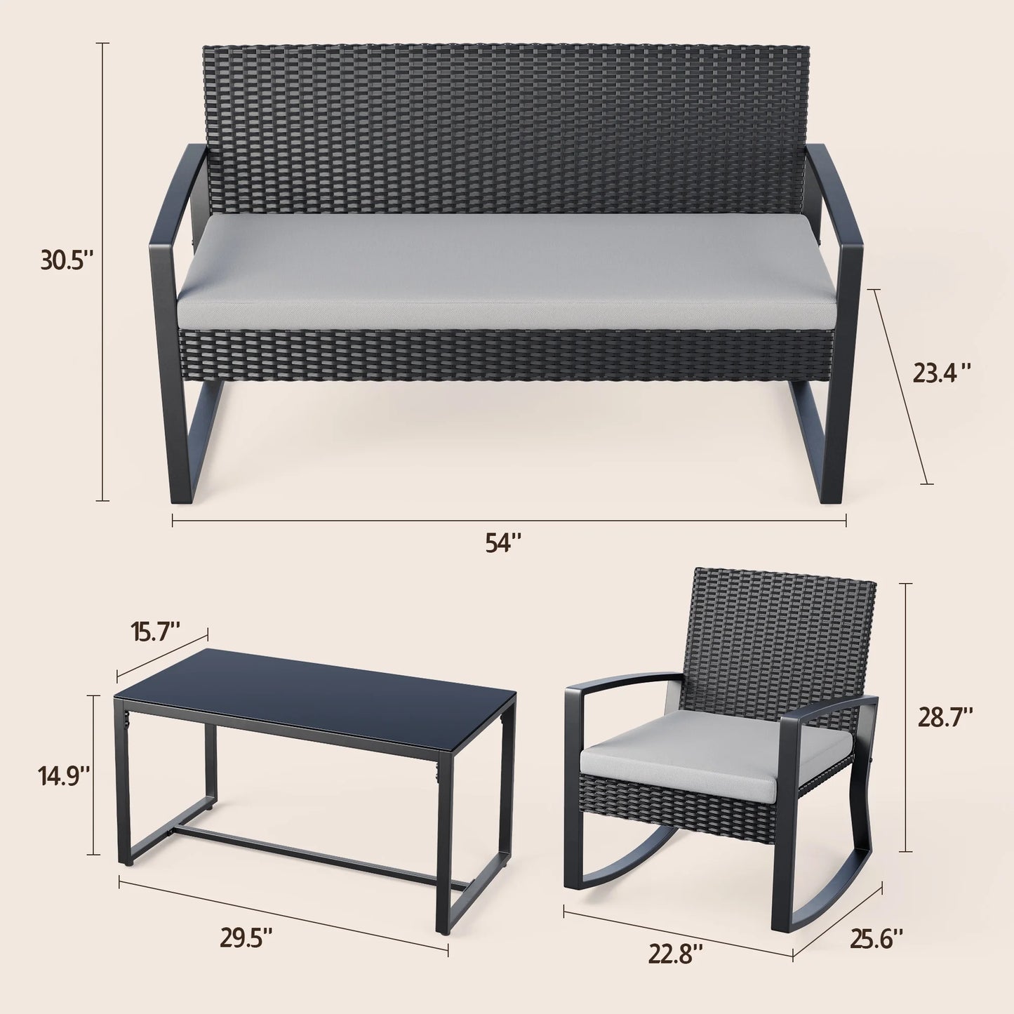 4-Piece Rocking Wicker Patio Set | Outdoor Conversation Furniture with Glass Coffee Table