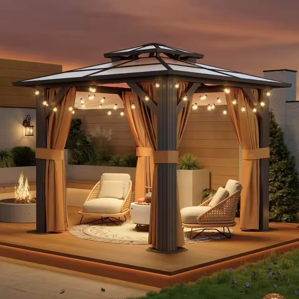 8x8 hardtop gazebo with brown polycarbonate roof and aluminum frame in a backyard setting, showcasing its permanent outdoor structure.